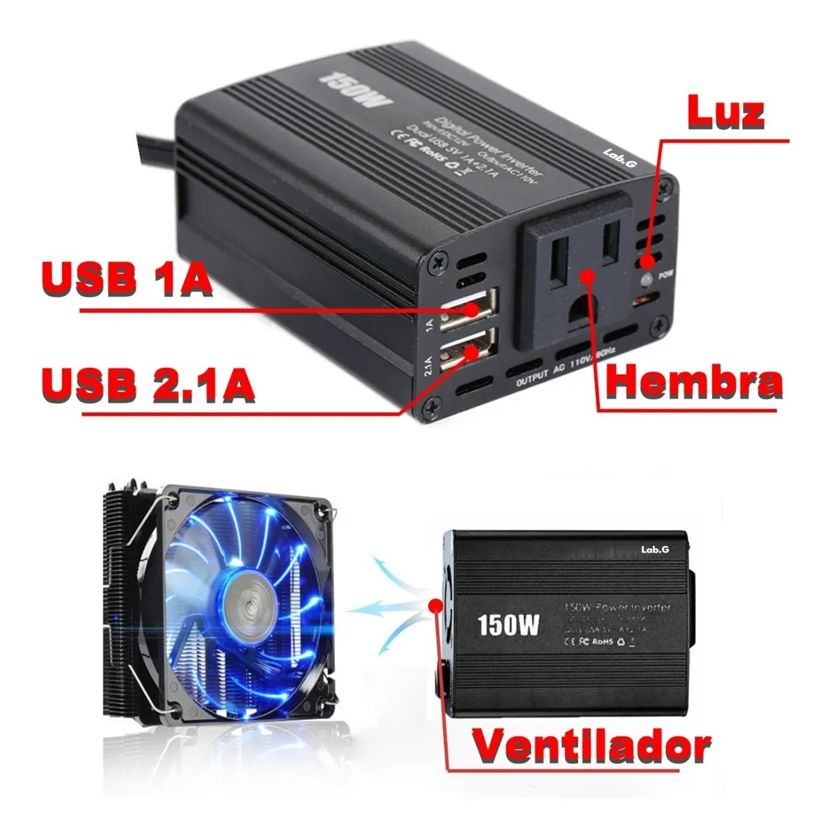 Foto 5 pulgar | Inversor De Alta Potencia Para Coche De 150 W Lab.g Negro