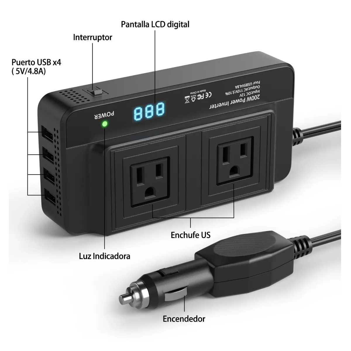 Foto 2 | Inversor de Corriente Portátil para Auto Eo Safe Imports Esi-10760 Negro