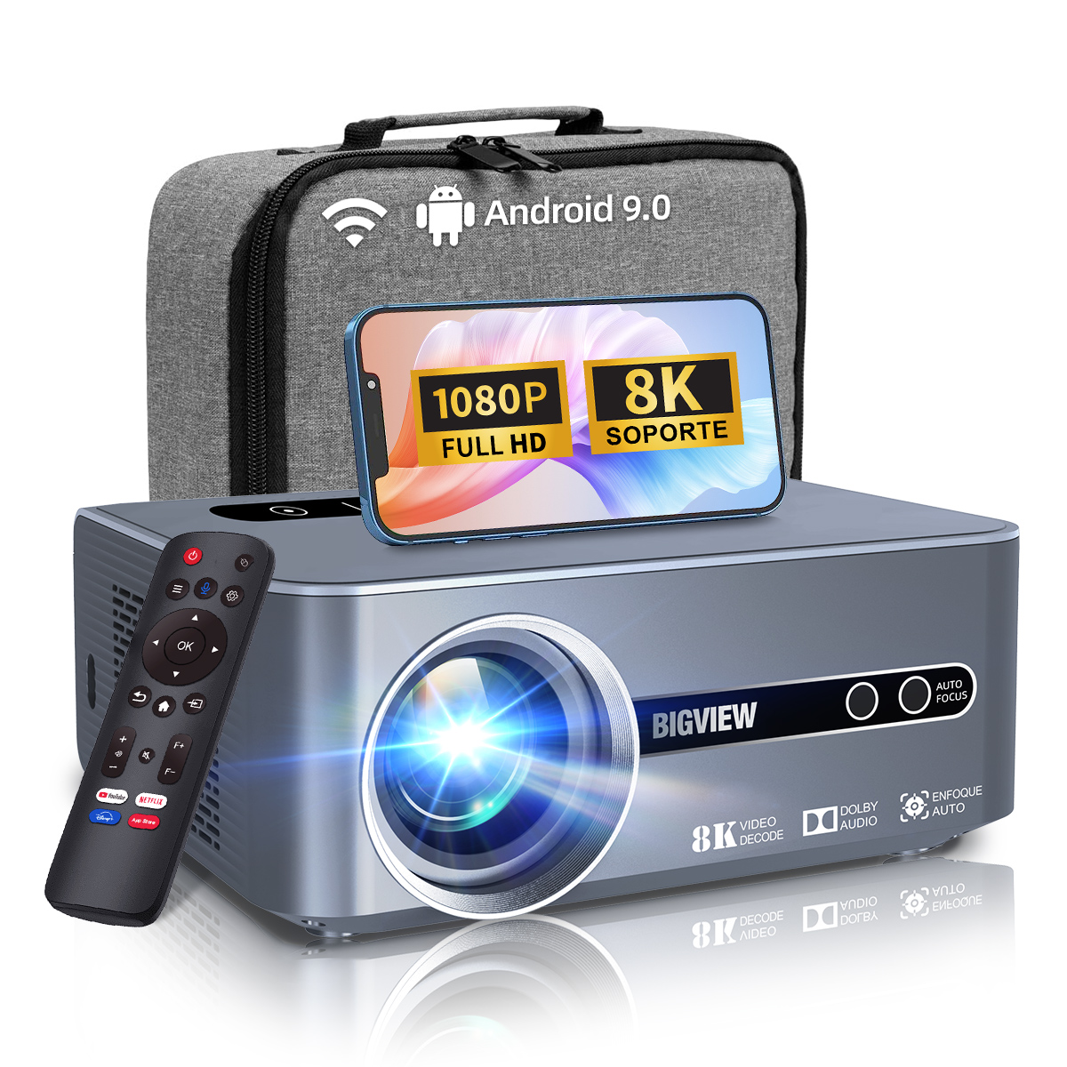 Proyector Bigview T1pro 8K 1080p Android 9.0 2 GB RAM 32 GB ROM