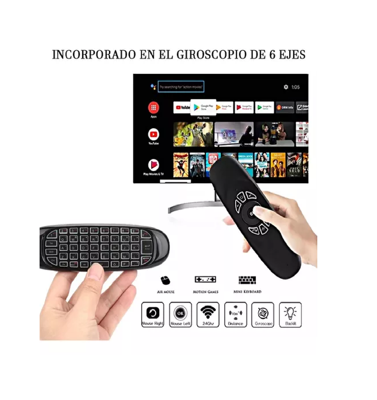 Foto 4 pulgar | Control Remoto Teclado Inalámbrico Air Mouse Smart TV Negro