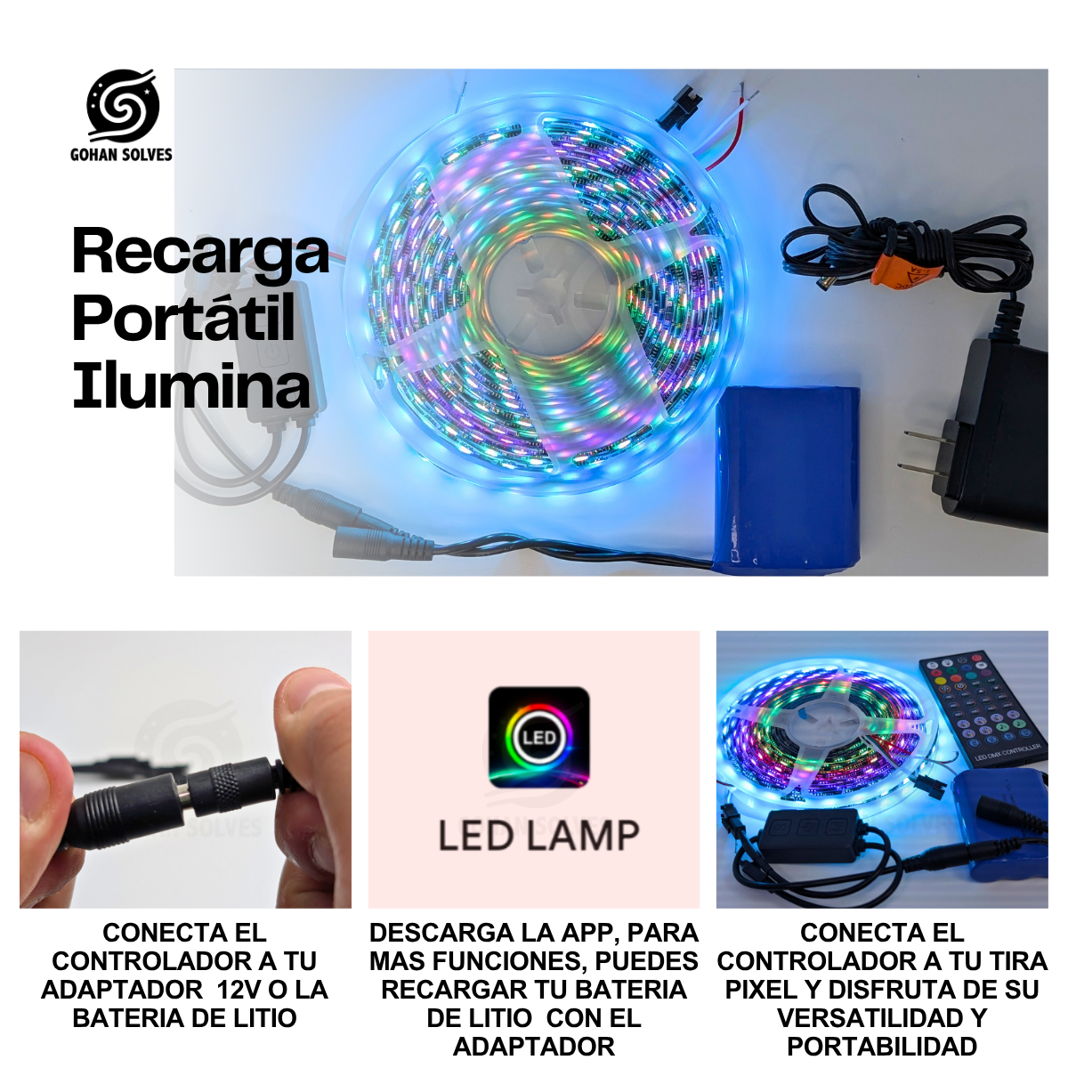 Foto 6 pulgar | Kit Tira Led Portatil Pixel Rgb Autorítmico Bluetooth Recargable Flexible Ideal Para Fiestas