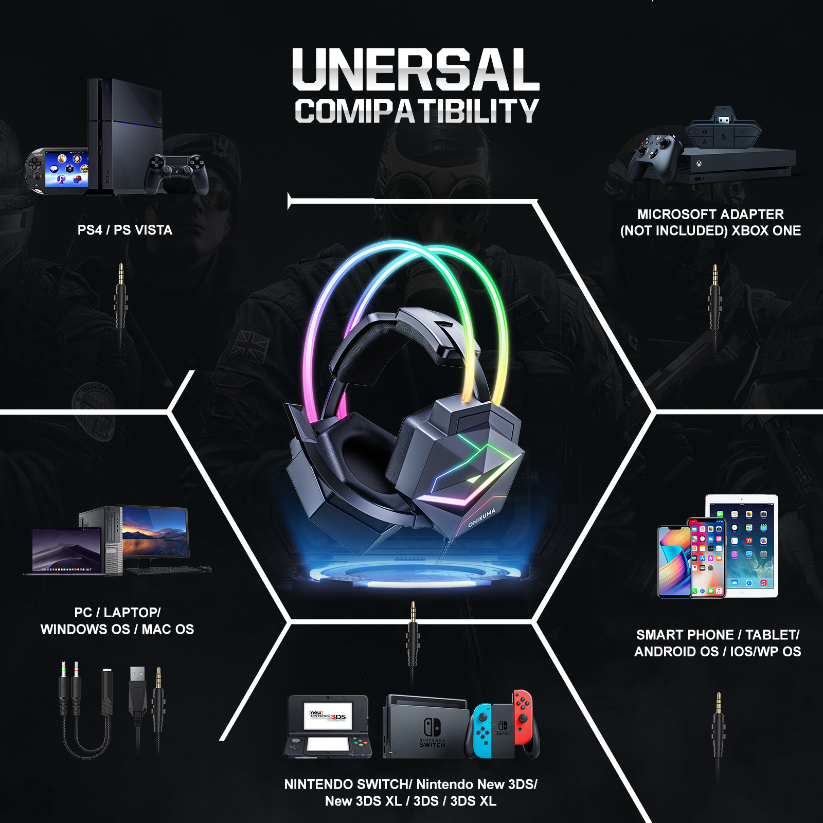 Foto 7 pulgar | Auriculares Para Juegos Onikuma X20 Rgb Con Cable Usb 7.1 Negros - Venta Internacional.