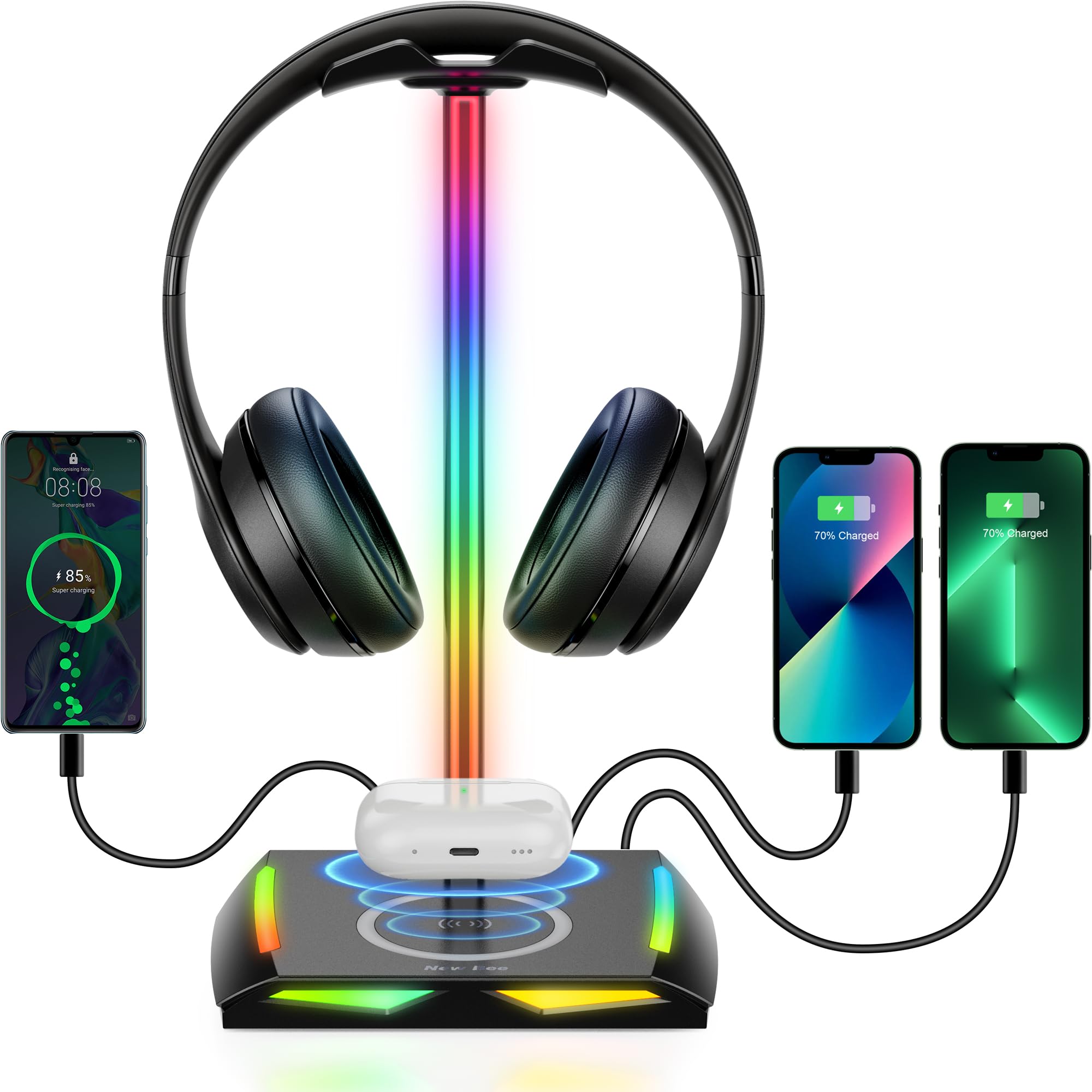 Foto 2 pulgar | Soporte Para Auriculares New Bee Rgb Con Carga Inalámbrica Y Puertos Usb - Venta Internacional.