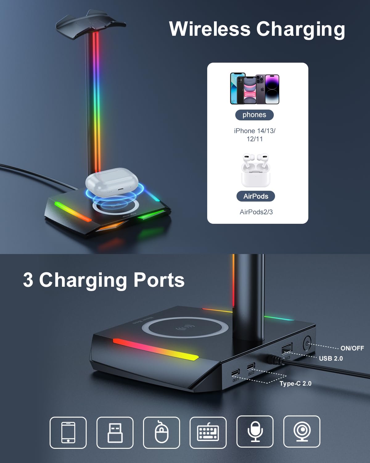 Foto 4 pulgar | Soporte Para Auriculares New Bee Rgb Con Carga Inalámbrica Y Puertos Usb - Venta Internacional.