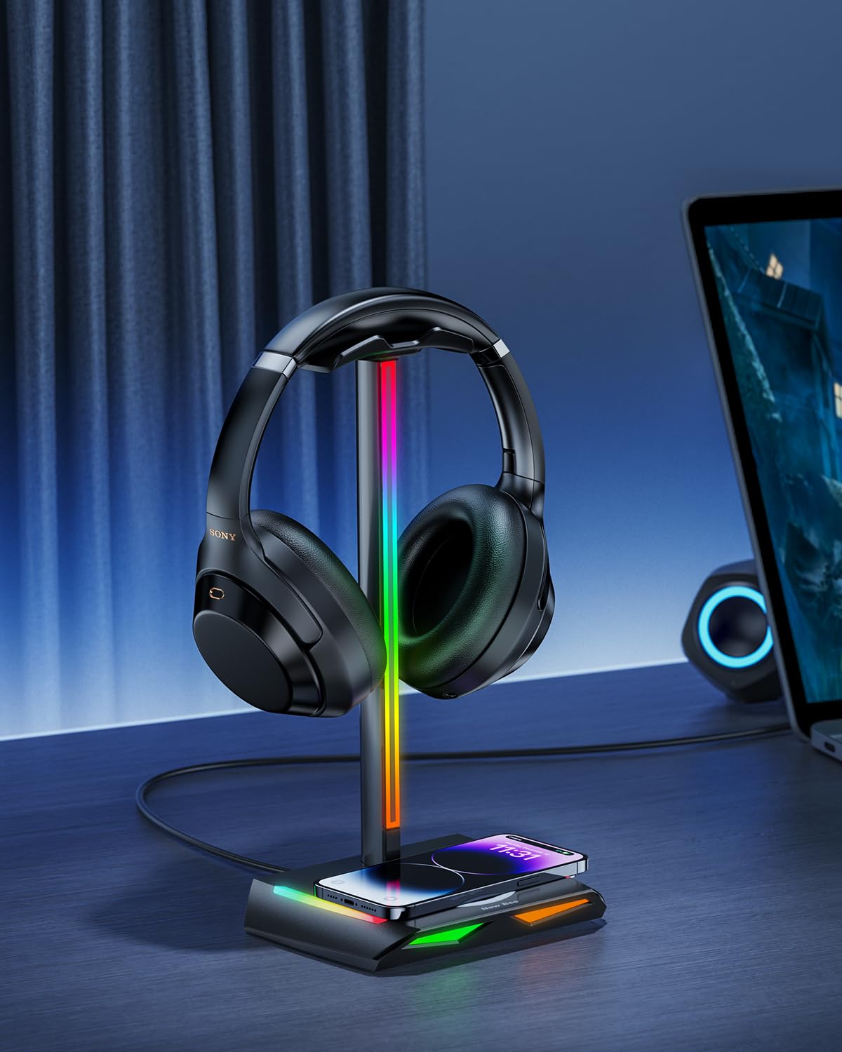 Foto 7 pulgar | Soporte Para Auriculares New Bee Rgb Con Carga Inalámbrica Y Puertos Usb - Venta Internacional.