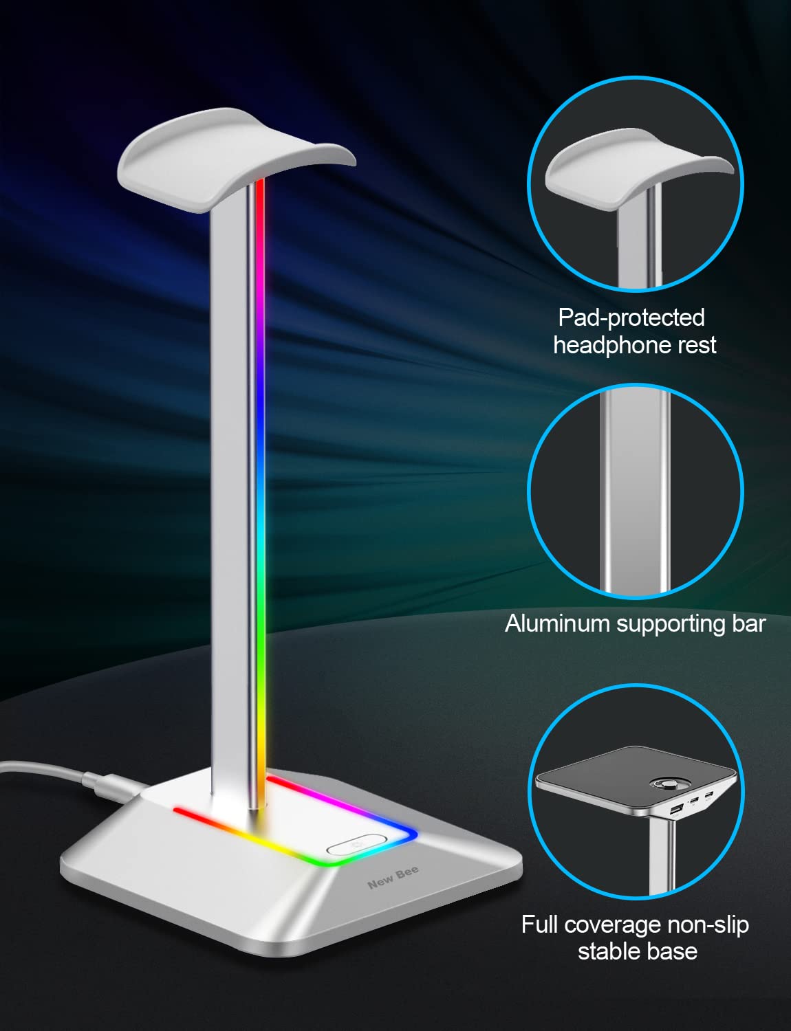 Foto 5 pulgar | Soporte Para Auriculares New Bee Rgb Con Puertos Usb-c Y Usb, Color Plateado - Venta Internacional.