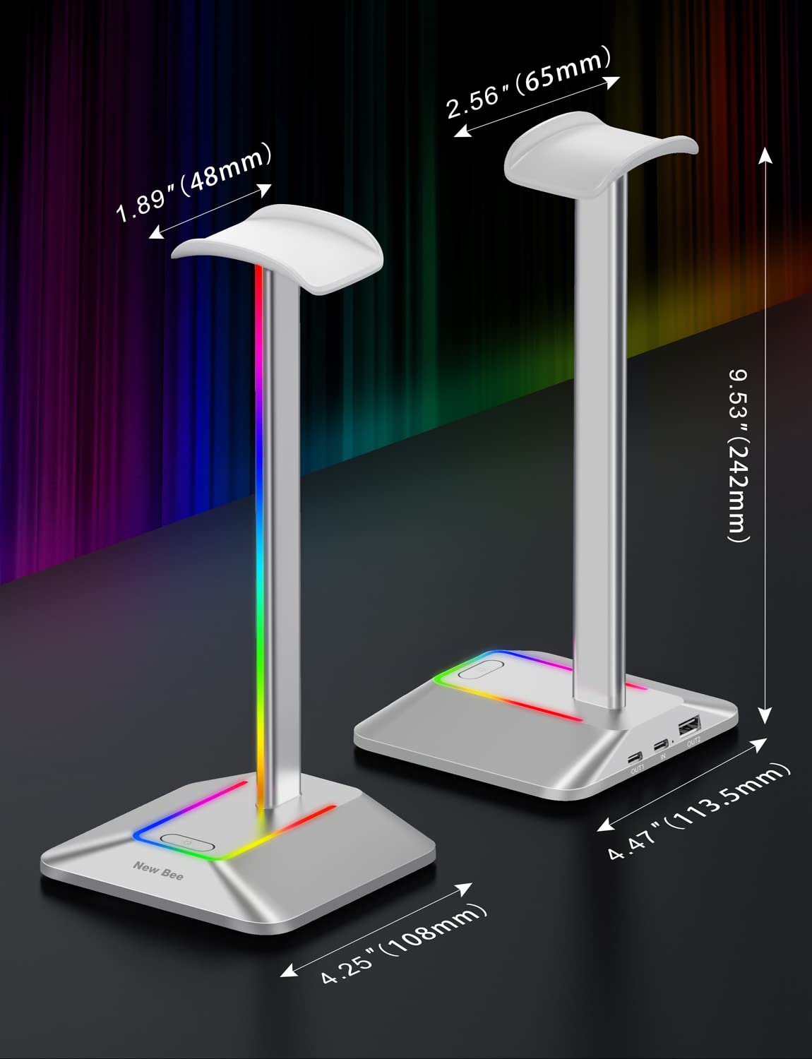 Foto 6 pulgar | Soporte Para Auriculares New Bee Rgb Con Puertos Usb-c Y Usb, Color Plateado - Venta Internacional.