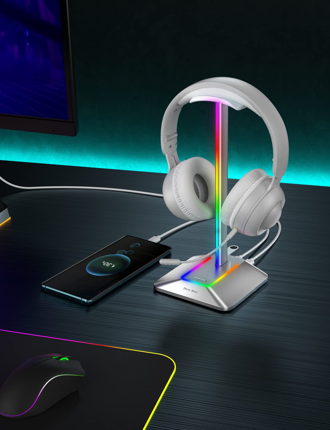 Foto 7 pulgar | Soporte Para Auriculares New Bee Rgb Con Puertos Usb-c Y Usb, Color Plateado - Venta Internacional.