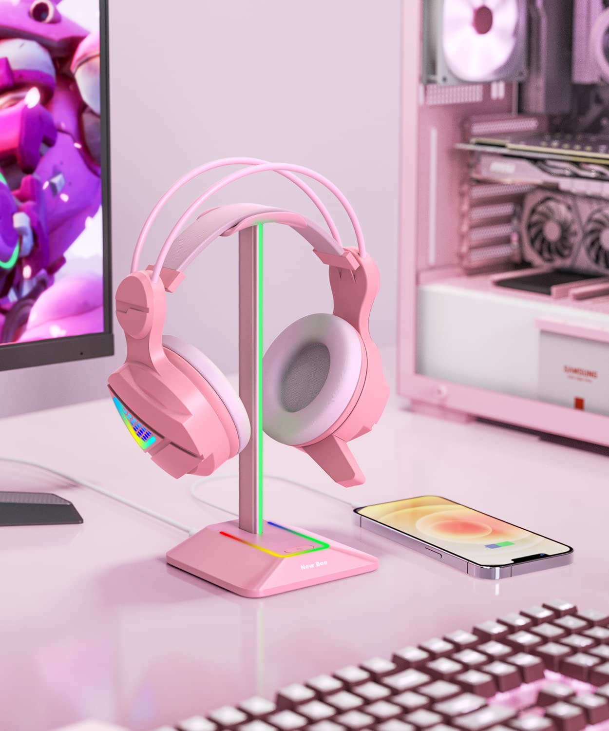 Foto 7 pulgar | Soporte Para Auriculares Rgb New Bee Con Puertos Usb-c Y Usb (rosa) - Venta Internacional.