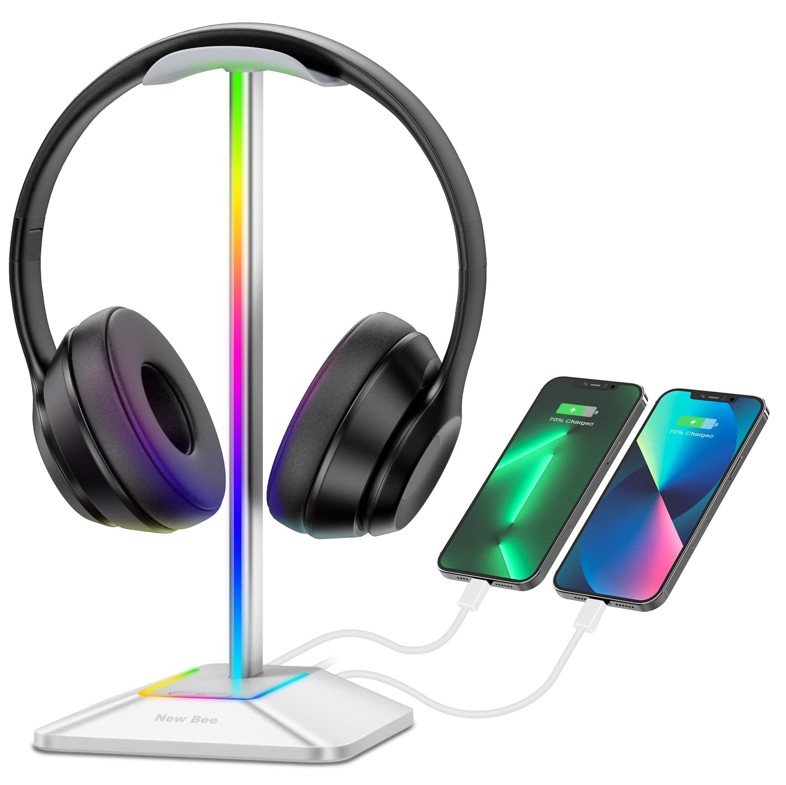 Foto 2 pulgar | Soporte Para Auriculares New Bee Rgb Con Puertos Usb-c Y Usb, Color Plateado - Venta Internacional.