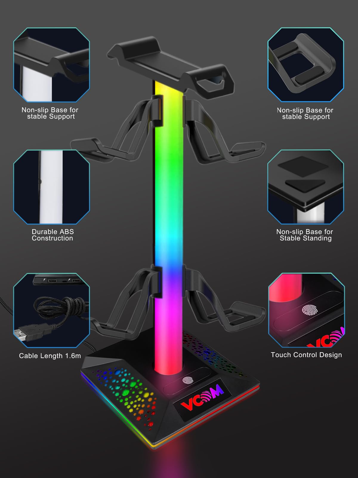 Foto 6 pulgar | Auriculares Rgb para Juegos con Soporte Vcom con 2 Puertos Usb y 1 Puerto Tipo C - Venta Internacional