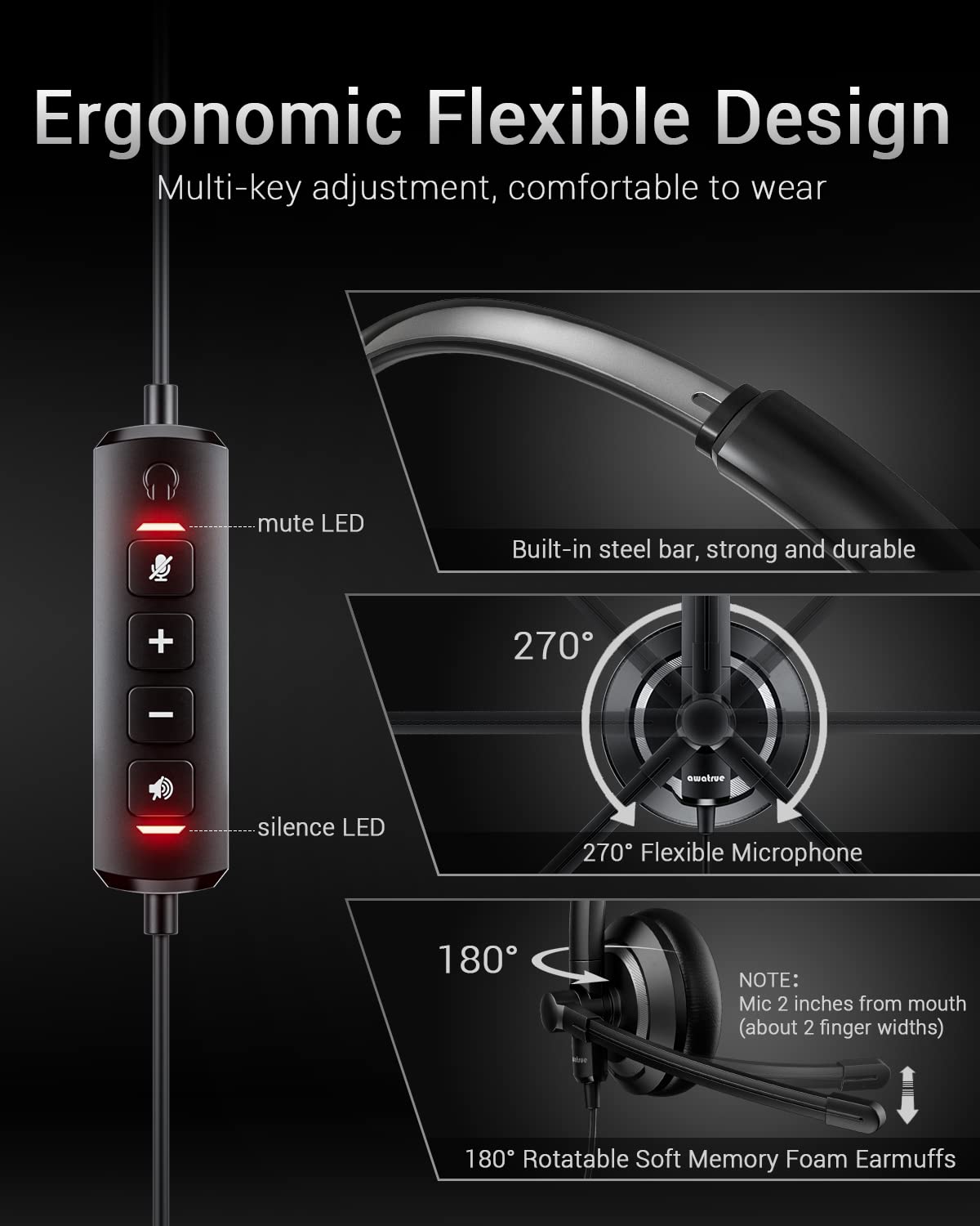 Foto 4 | Auriculares Usb Awatrue Eh05-u Con Cable Y Micrófono Con Cancelación De Ruido - Venta Internacional.