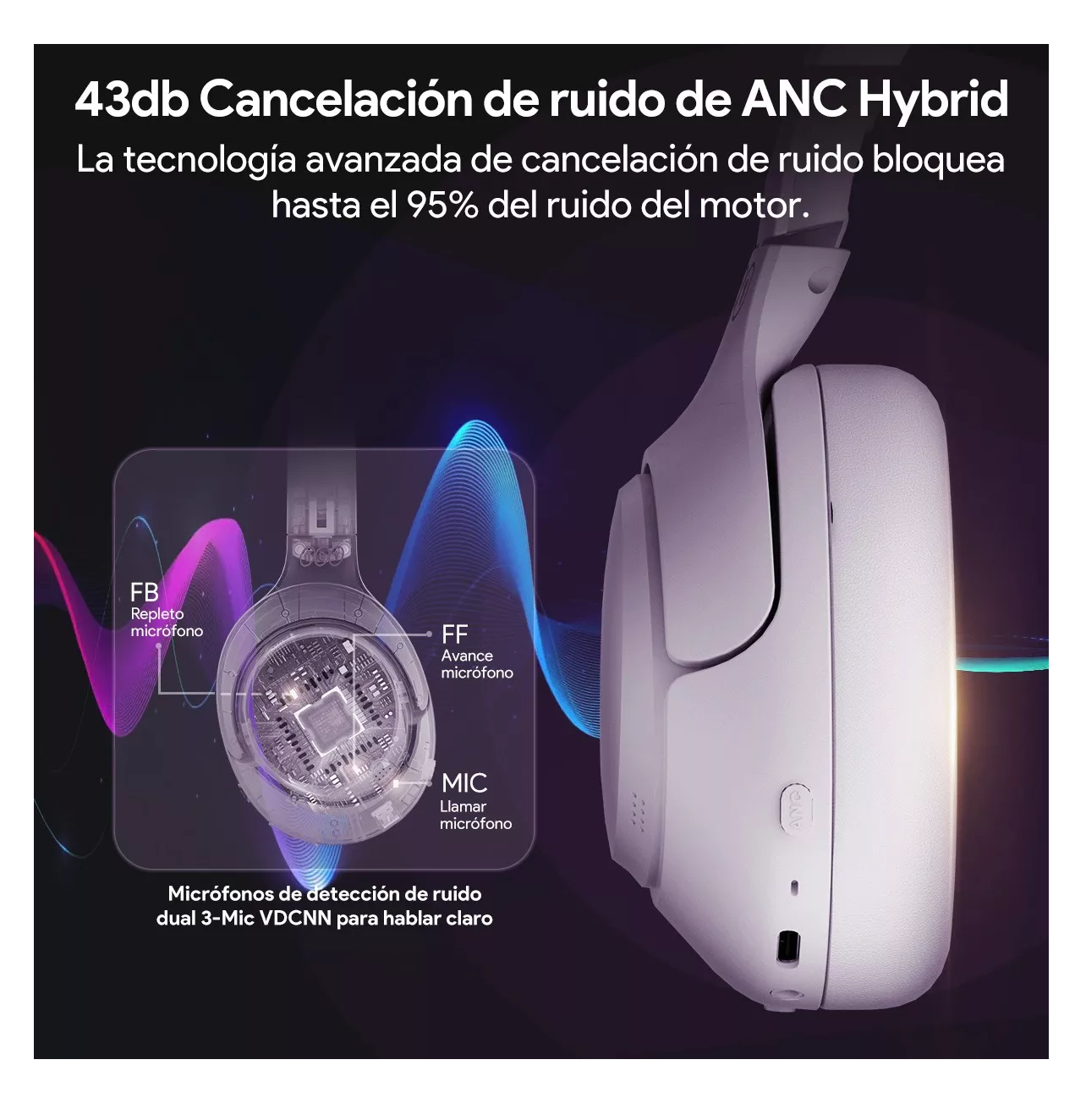 Foto 5 | Audífonos Inalámbricos Gamer Diadema Hi-res Lp Belug Violeta