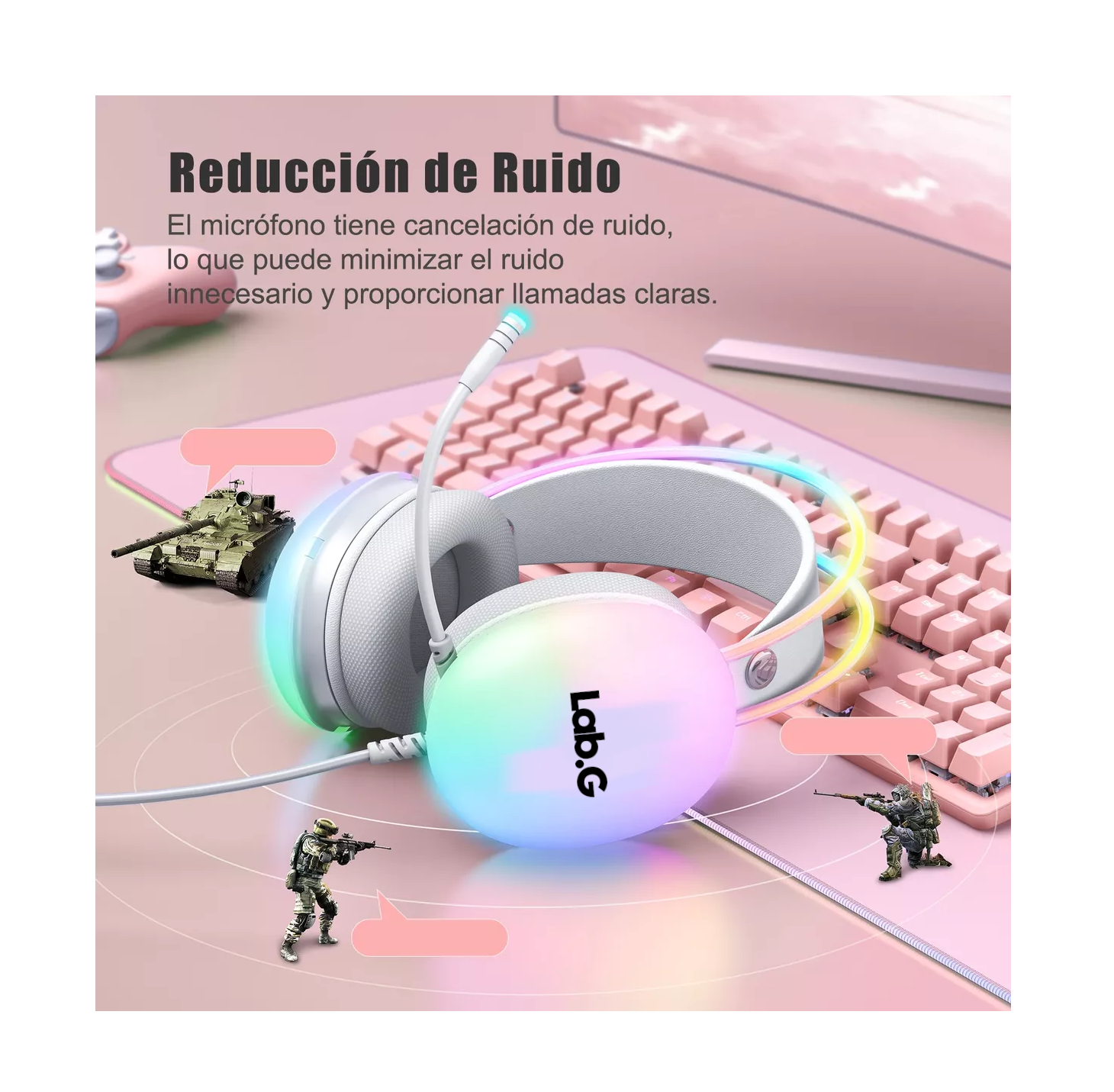 Foto 3 | Audífonos Gamer Lab.g Con Micrófono Y Luz Rgb Para Pc Xbox Gris/colorido