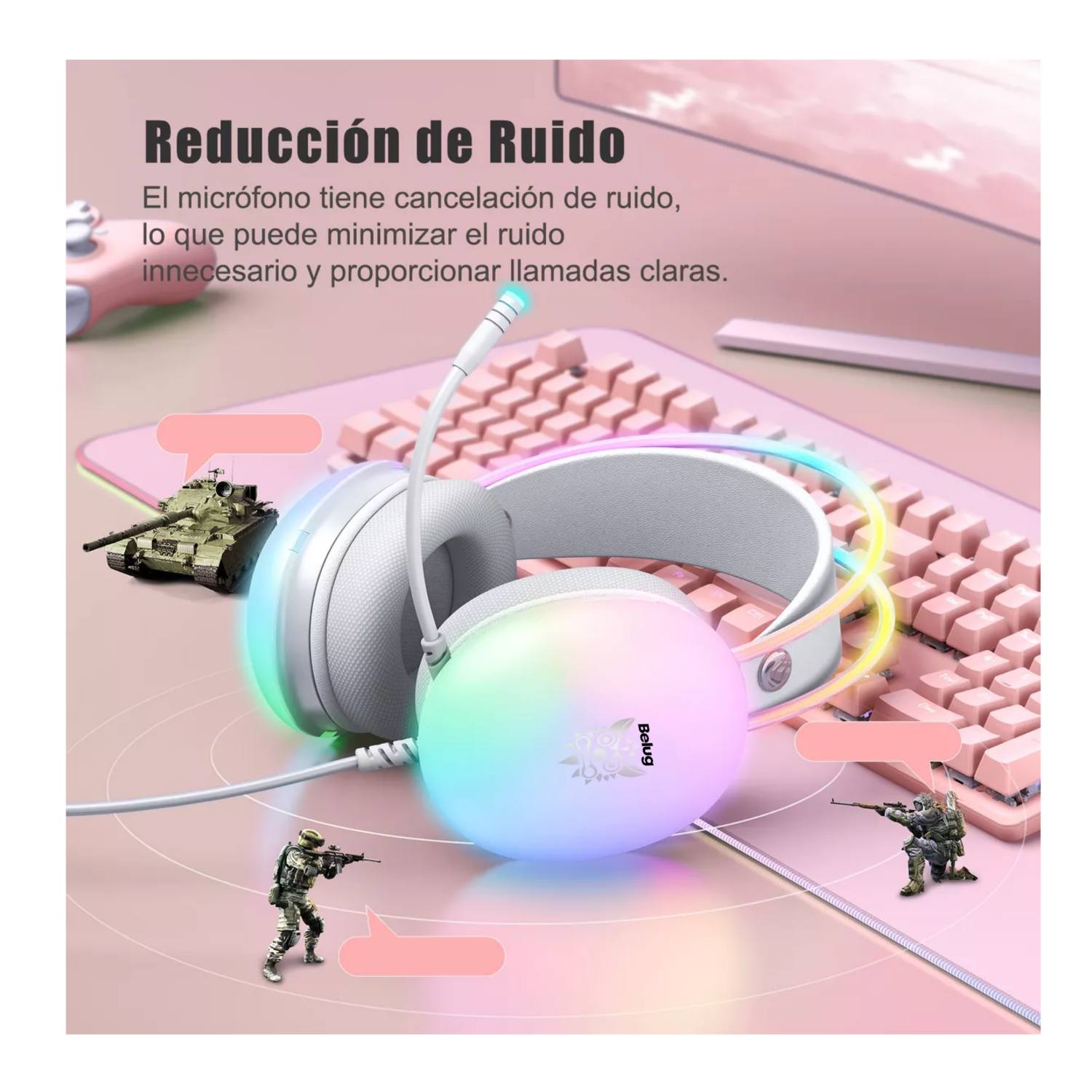 Foto 4 pulgar | Audífonos Gamer Con Micrófono Y Luz Rgb Para Pc Xbox Belug Gris/colorido