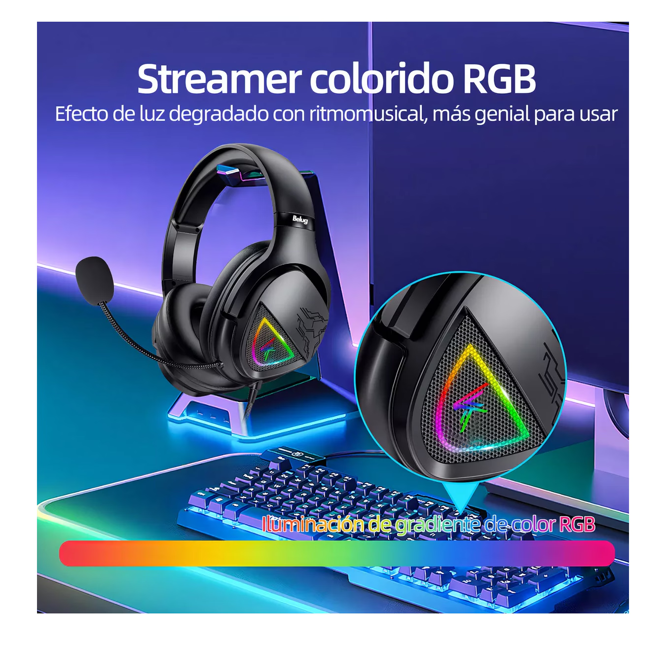 Foto 3 pulgar | Audífonos Belug Gamer Diadema Con Microfono Led Rgb Negro