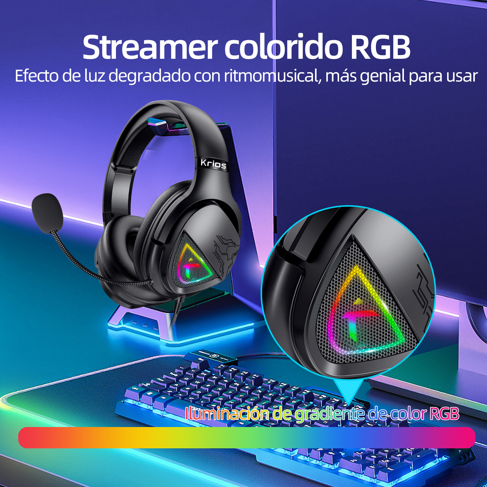 Foto 5 | Auriculares Para Juegos Krios K11 Con Led Rgb Y Micrófono