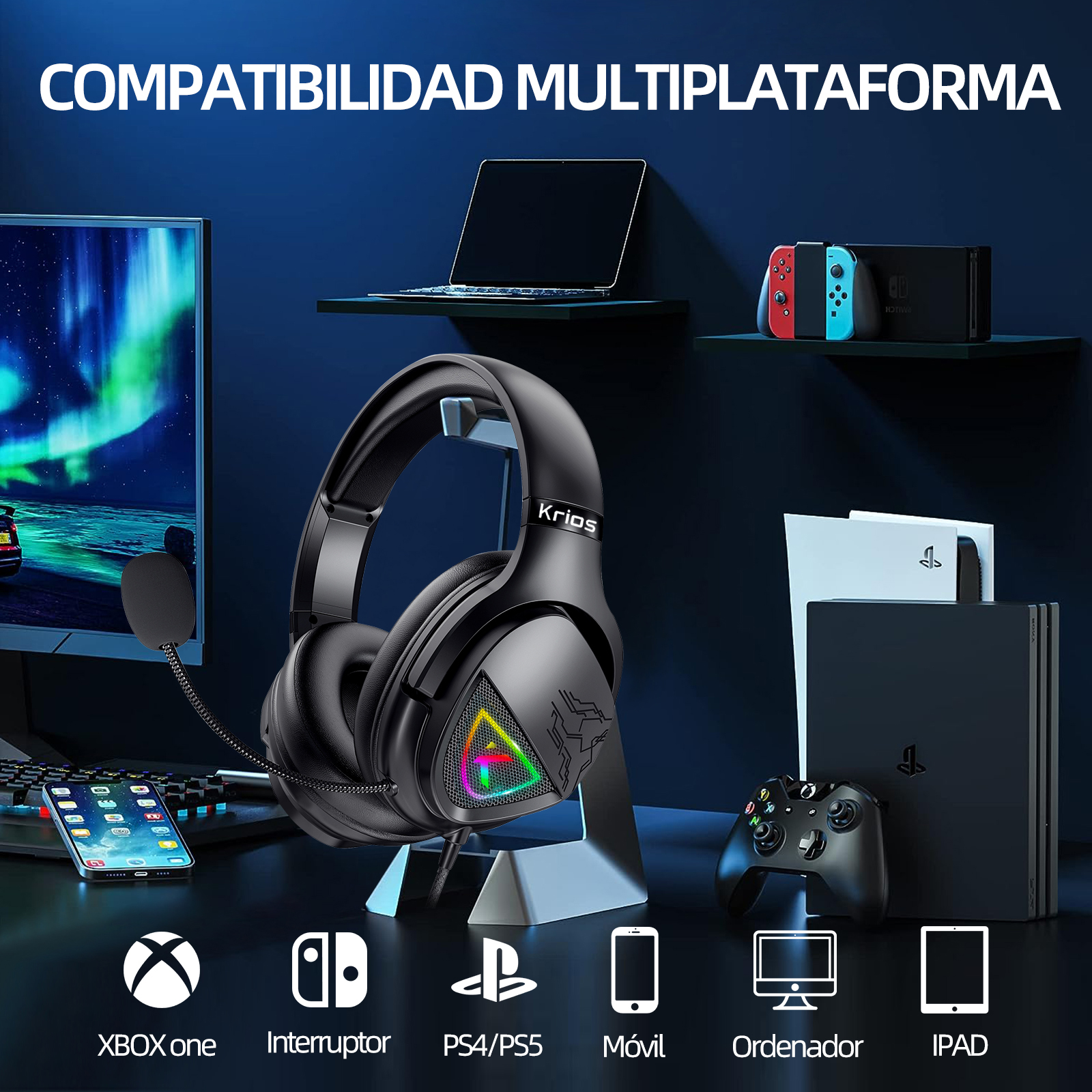 Foto 7 pulgar | Auriculares Para Juegos Krios K11 Con Led Rgb Y Micrófono
