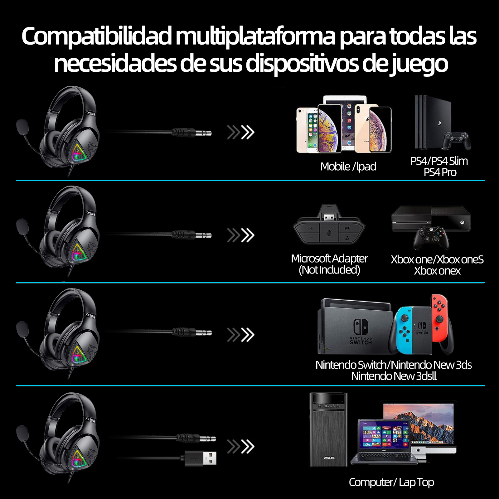 Foto 8 pulgar | Auriculares Para Juegos Krios K11 Con Led Rgb Y Micrófono