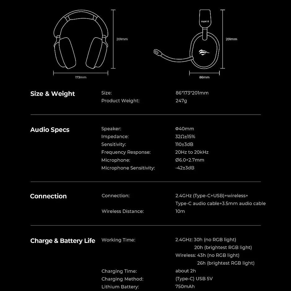 Foto 5 | Audífonos Para Gaming Con Bluetooth + 2.5ghz Wifi Havit Fuxi Black