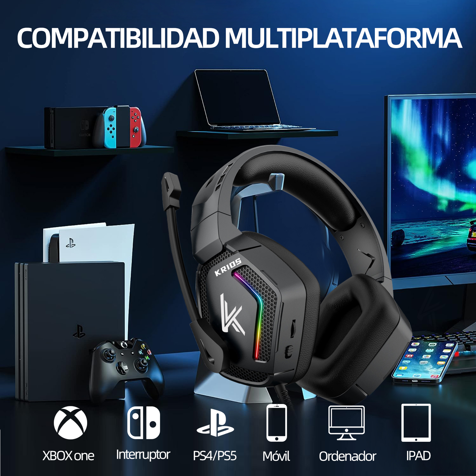 Foto 6 pulgar | Audífonos Gamers Alámbricos Krios K12 con Micrófono