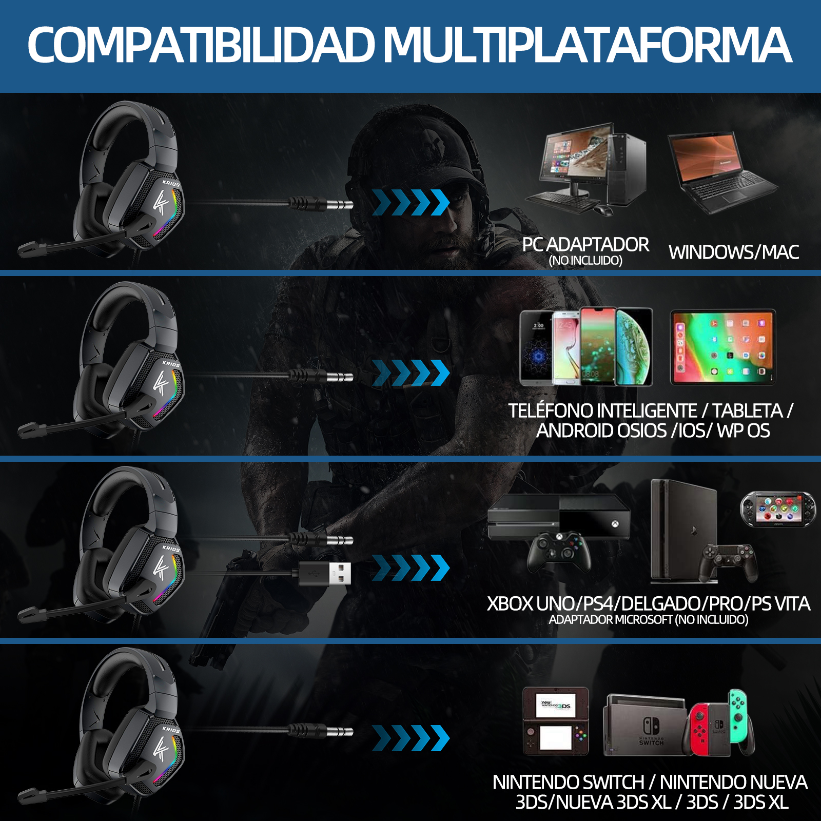 Foto 7 pulgar | Audífonos Gamers Alámbricos Krios K12 con Micrófono