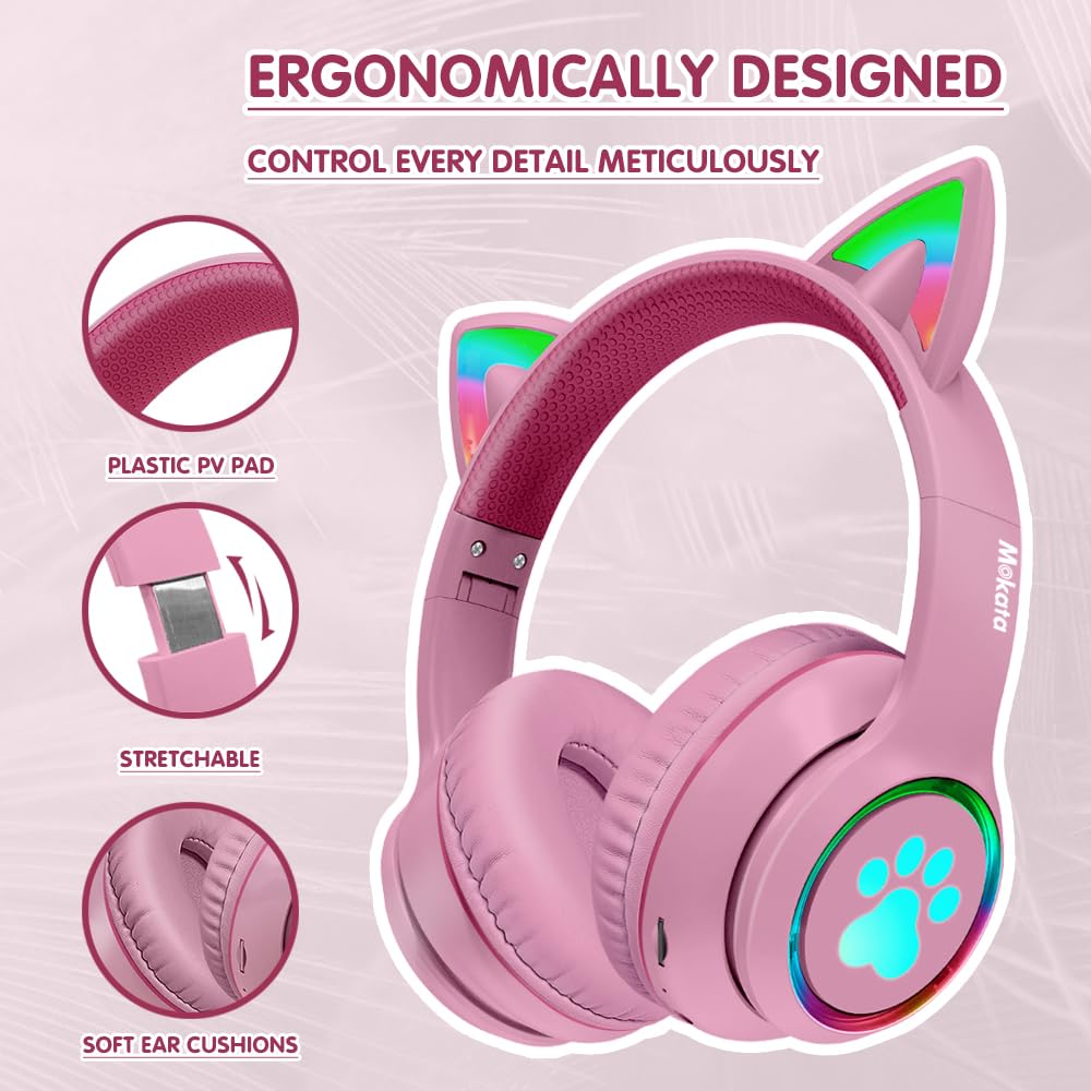 Foto 6 pulgar | Auriculares Mokata Cat Ear Bluetooth 5.3 Inalámbricos 60h Rosa - Venta Internacional.