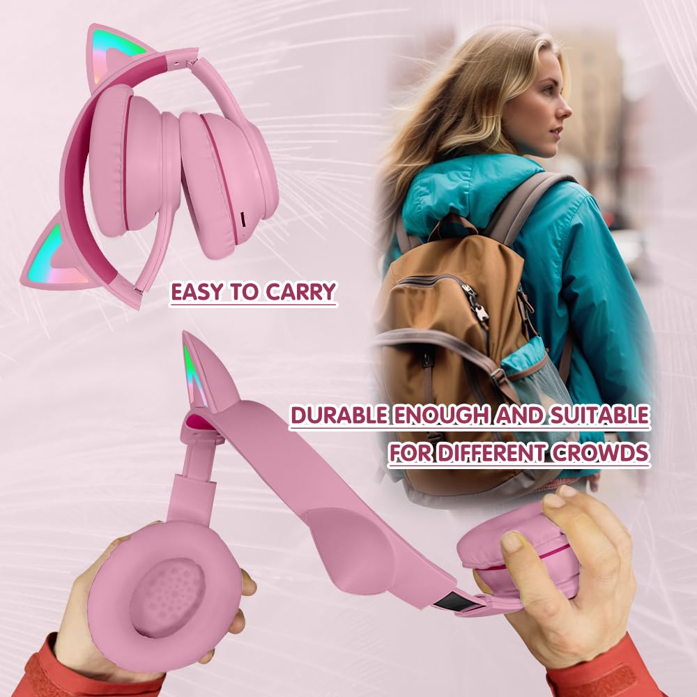 Foto 8 pulgar | Auriculares Mokata Cat Ear Bluetooth 5.3 Inalámbricos 60h Rosa - Venta Internacional.