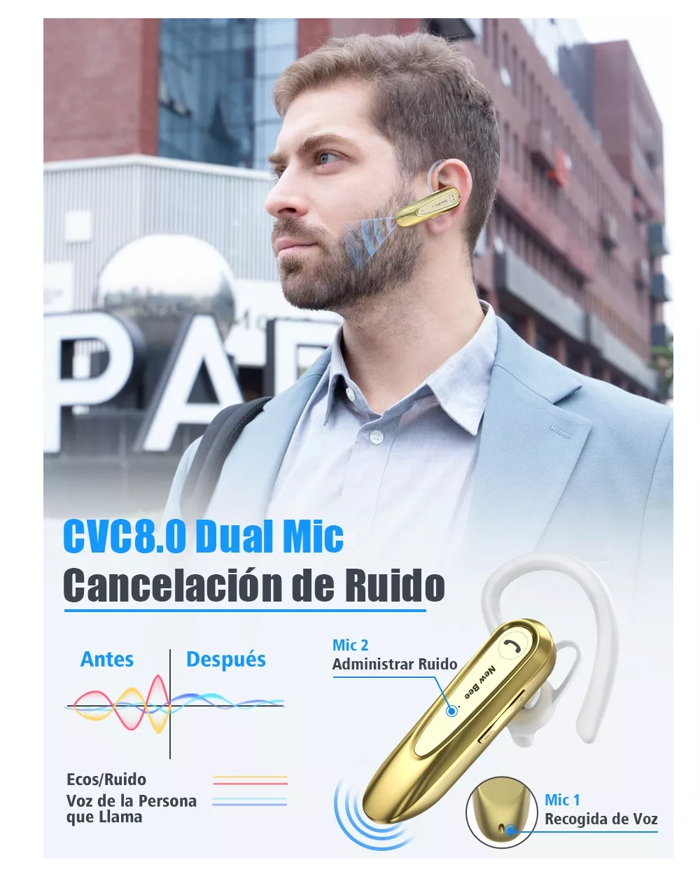 Foto 4 pulgar | Auriculares Monoaurales In-ear New Bee Auricular Inalámbrico Dorado