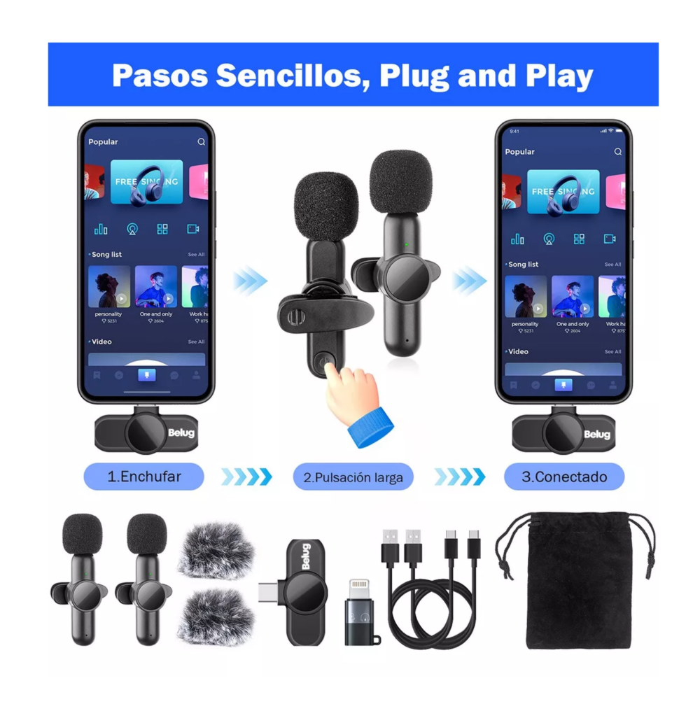 Foto 3 | Micrófono Inalámbrico Solapa Para Iphone Android 2 Pzs Belug Negro
