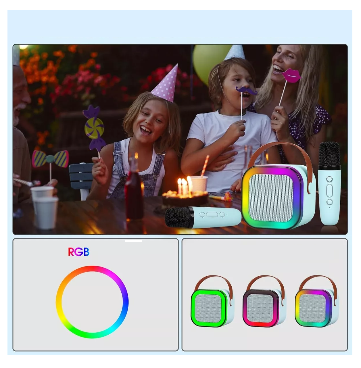 Foto 4 pulgar | Altavoz Bluetooth Portátil Máquina Karaoke Con 2 Micrófonos Azul Acero