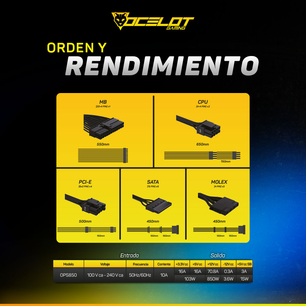Foto 8 pulgar | Fuente de Poder Ocelot Gaming OPS850 de 850w ATX Modular 80+ Gold