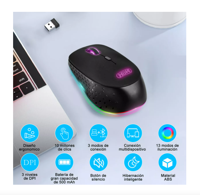 Foto 3 pulgar | Mouse Inalámbrico Bluetooth 2.4g Recargable Con 13rgb Modes