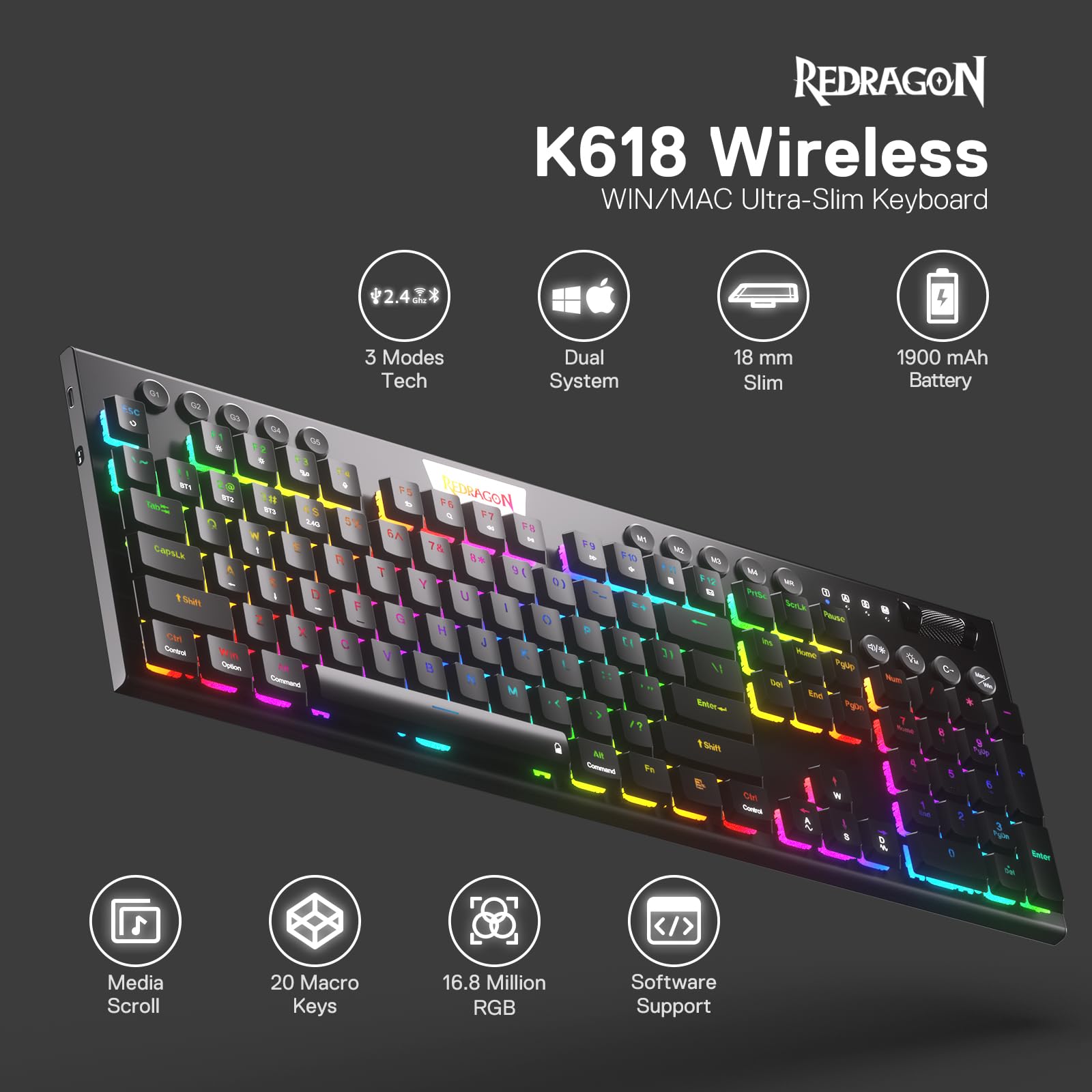 Foto 3 pulgar | Teclado Mecánico Rgb Inalámbrico Redragon K618 Pro - Venta Internacional.