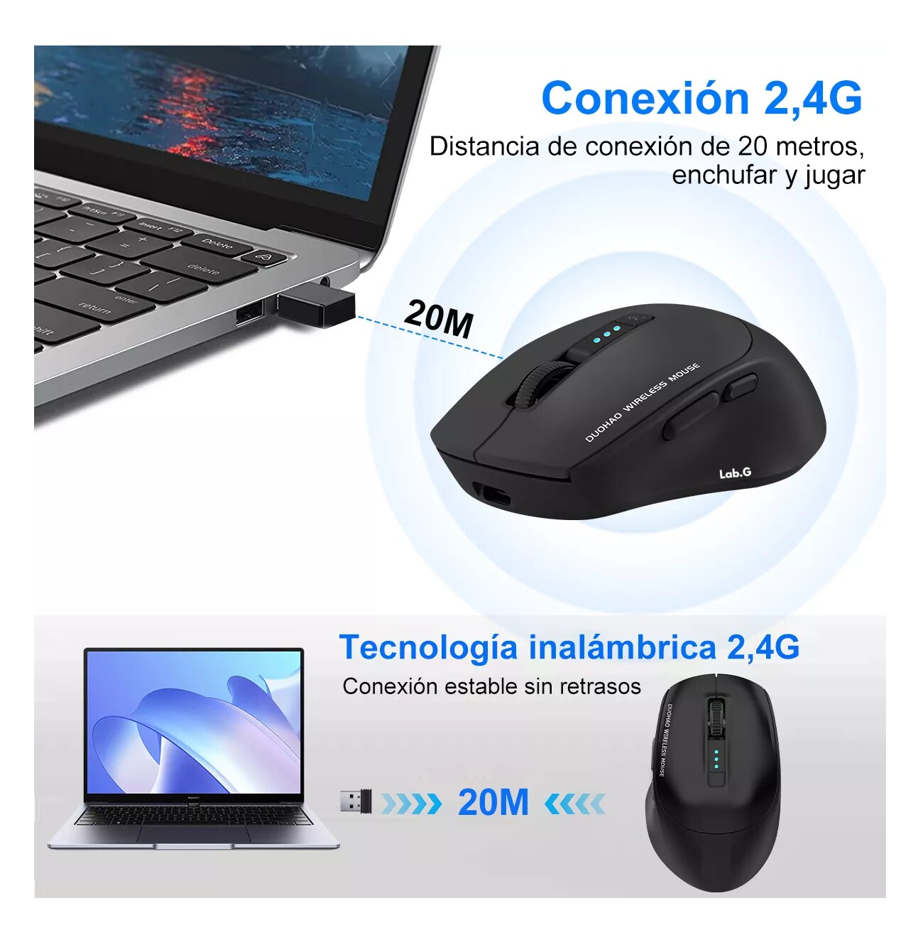 Foto 2 | Mouse Inalámbrico Lab.g Bluetooth Recargable Ergonomía 2.4g 3 Modos Negro