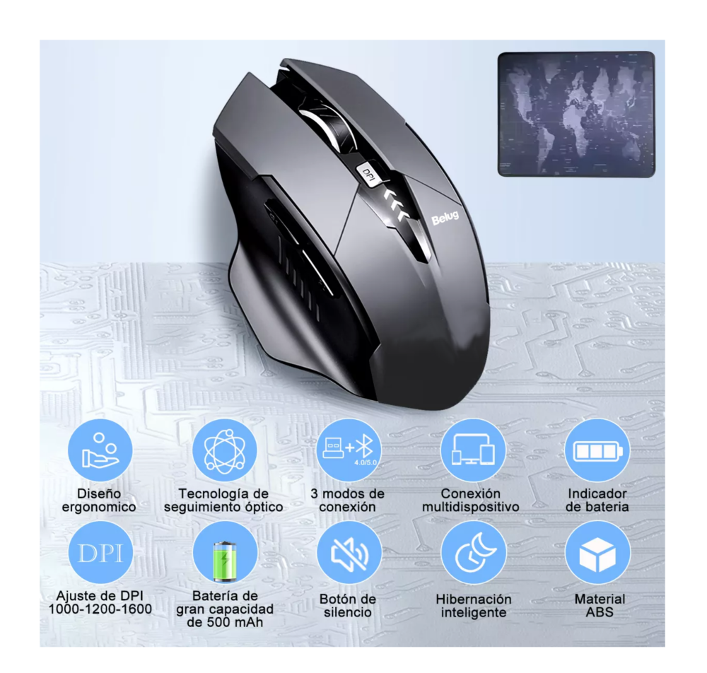 Foto 3 | Mouse Inalámbrico Bluetooth Recargable Ergonomía 2.4g 3modos Negro Belug