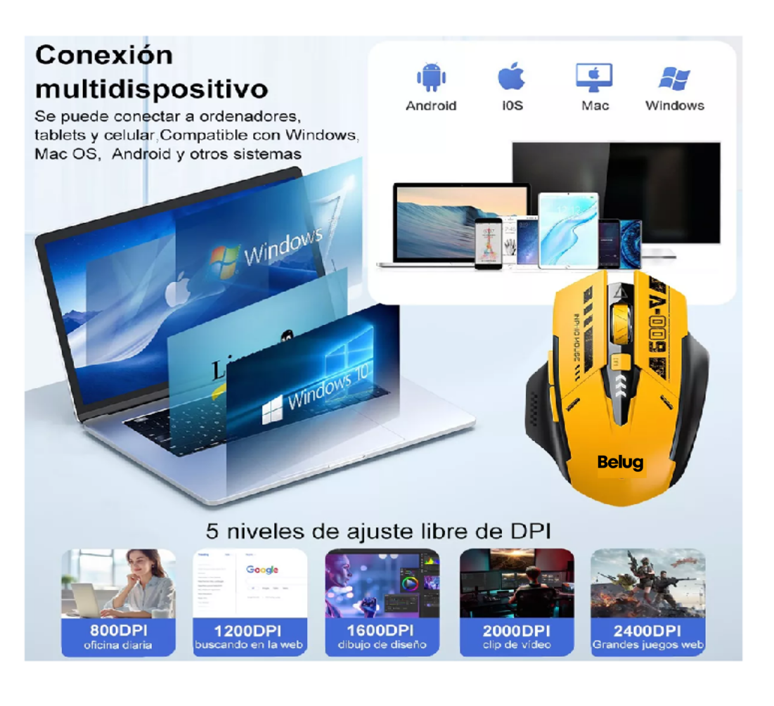 Foto 4 | Mouse Inalámbrico Bluetooth Recargable Ergonomía 2.4g 3modos, Belug Amarillo