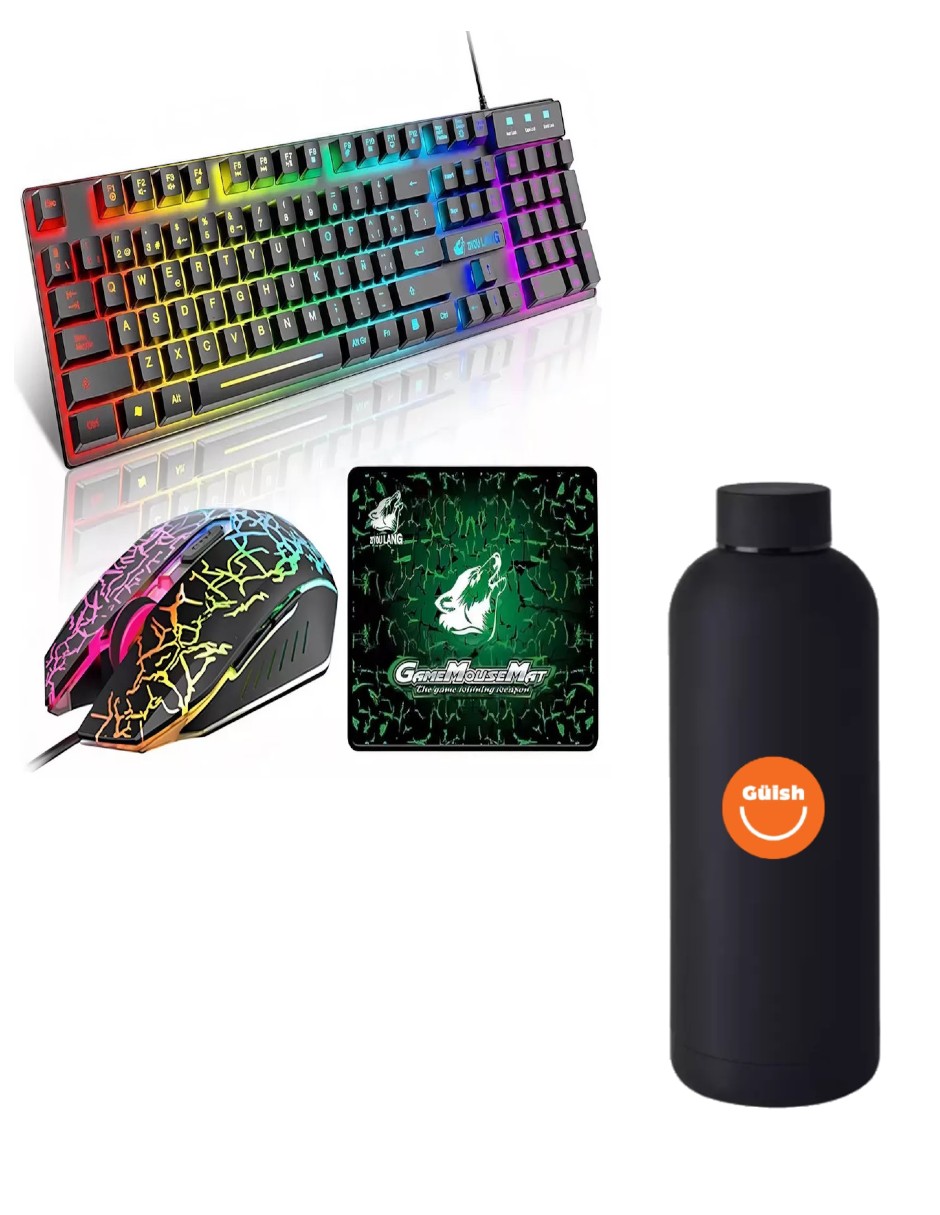 Kit De Teclado Y Mouse Con Cable - Luz Retroiluminación - Mousepad + Termo De Agua De Regalo Güish