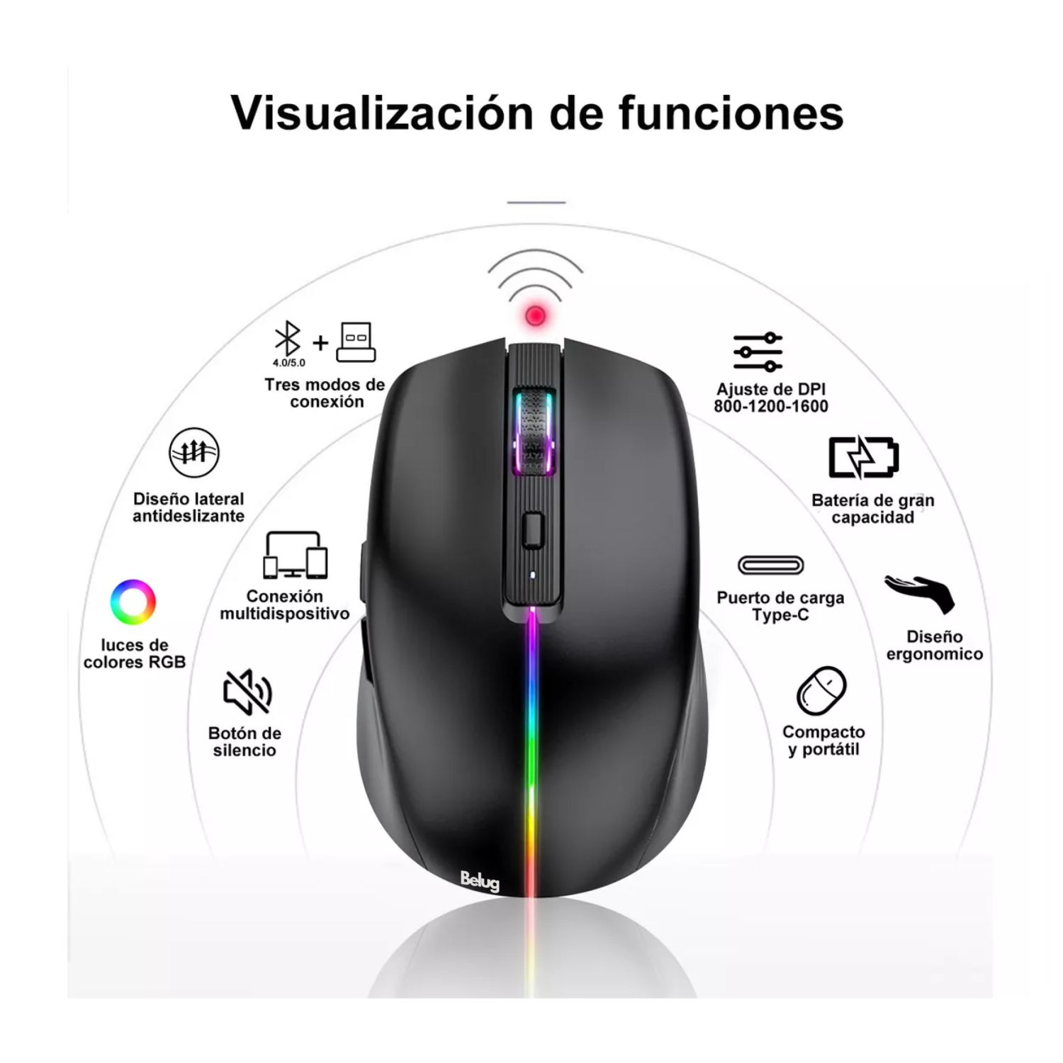 Foto 2 | Mouse Inalámbrico Bluetooth Recargable Ergonomía 2.4g 3modos Belug Negro