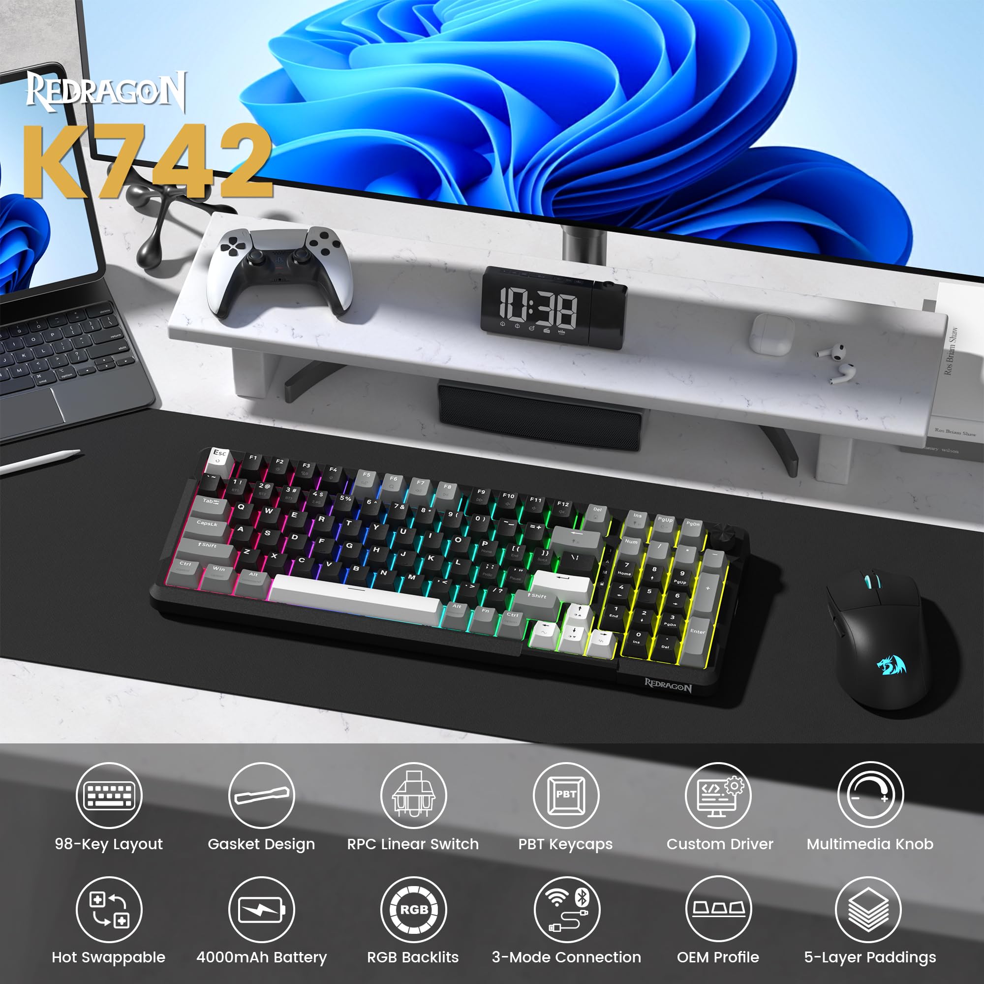 Foto 3 pulgar | Teclado Mecánico Inalámbrico Para Juegos Redragon K742 Black - Venta Internacional.