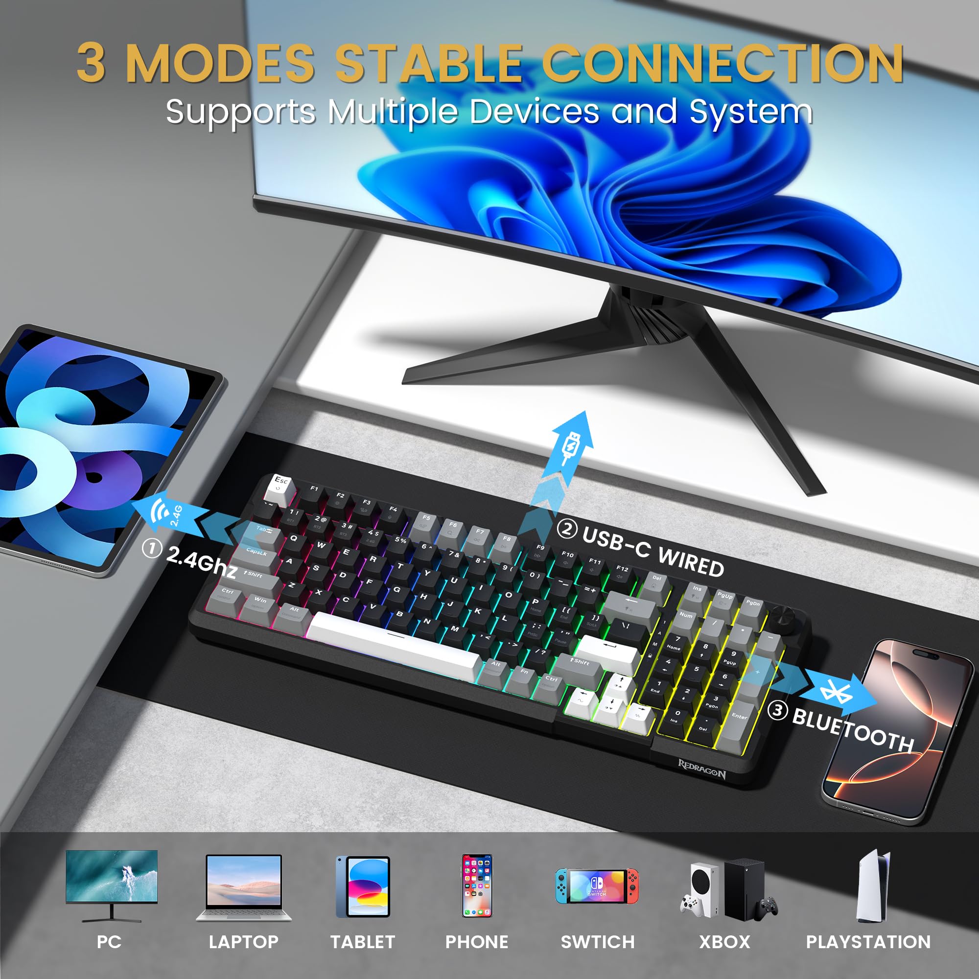 Foto 4 pulgar | Teclado Mecánico Inalámbrico Para Juegos Redragon K742 Black - Venta Internacional.