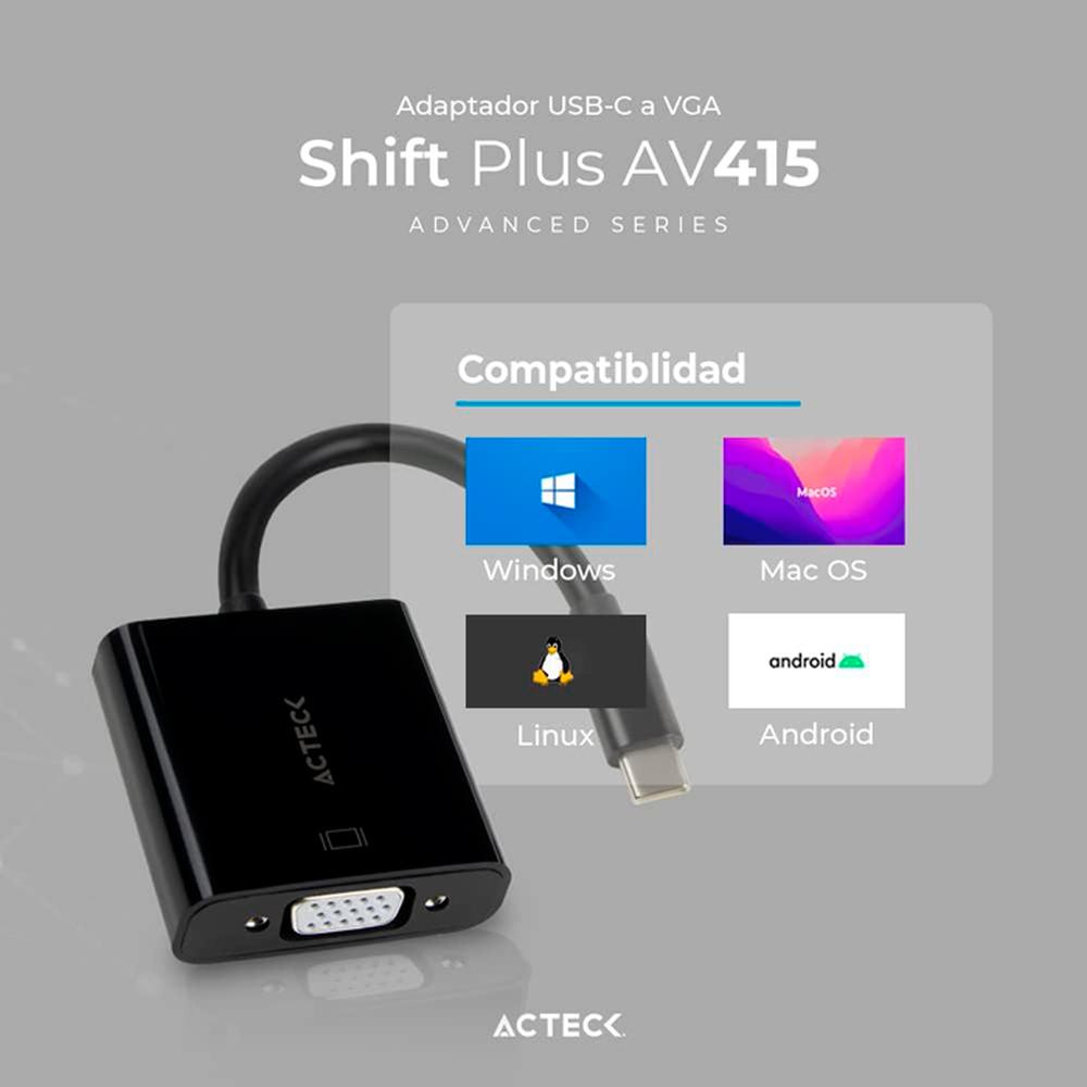 Foto 4 | Adaptador USB-C a VGA Acteck AC-934725 color Negro Shift Plus AV415