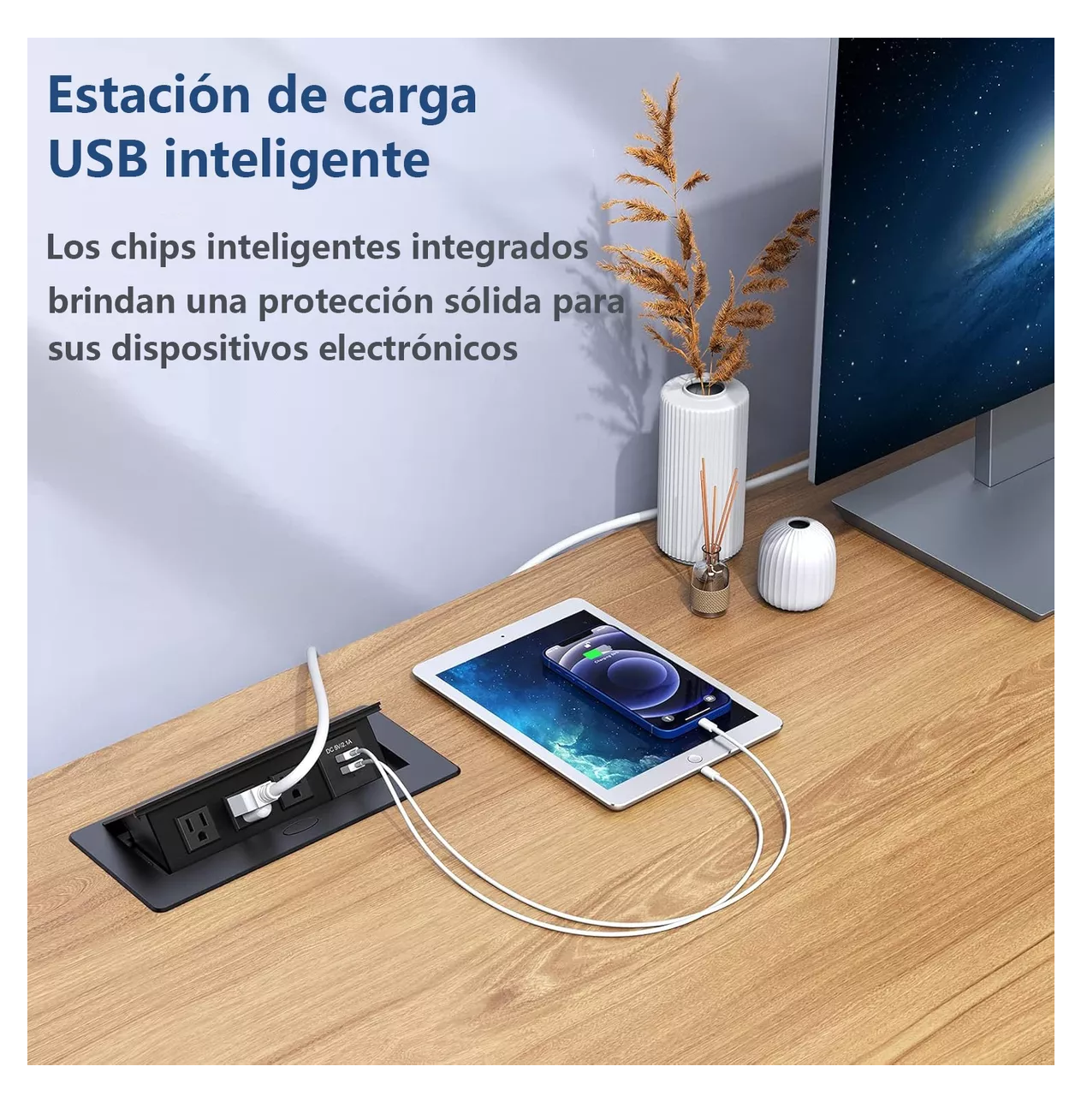 Foto 5 | Enchufe De Escritorio, Placa De Contactos Y Puerto Usb Plegable Negro