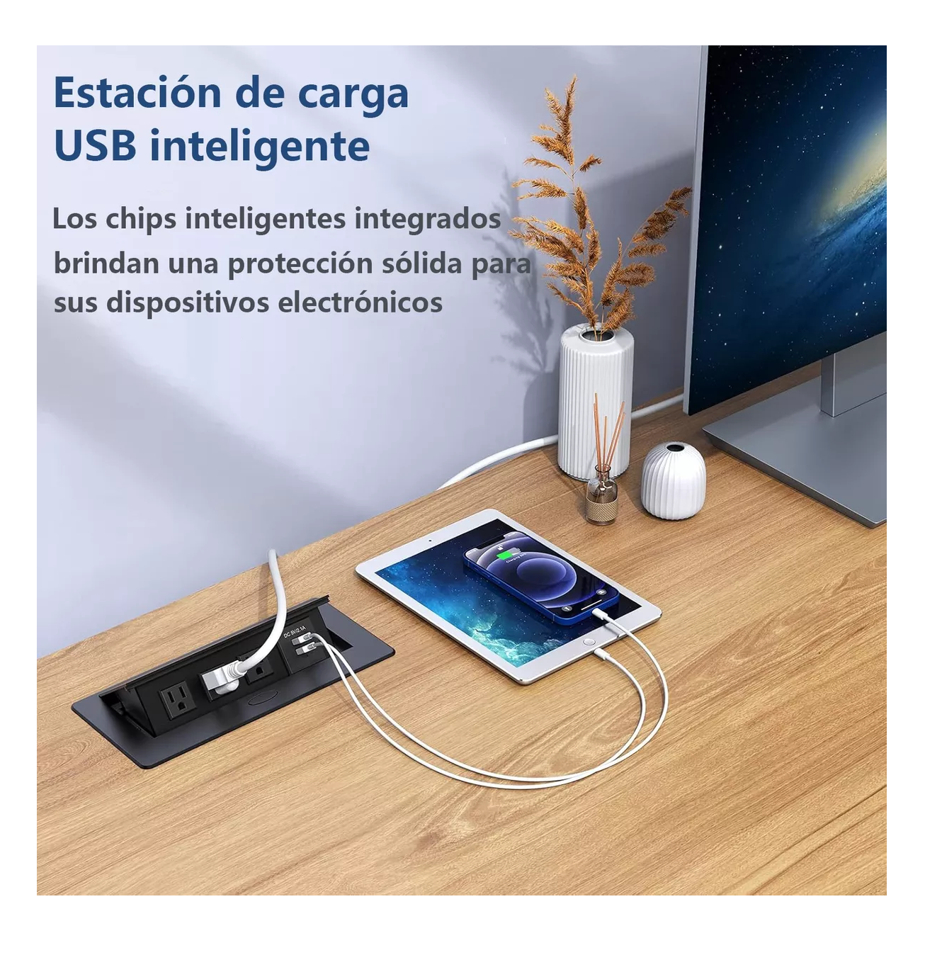 Foto 6 pulgar | Enchufe De Escritorio, Placa De Contactos Y Puerto Usb Plegable Negro