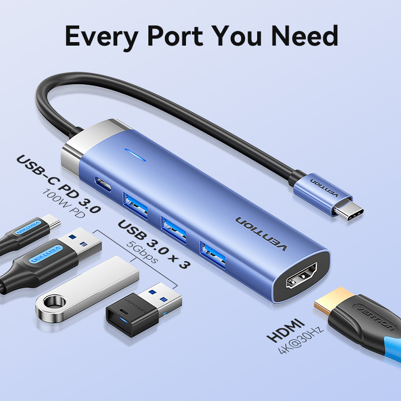 Foto 4 pulgar | Estación de Acoplamiento 5 en 1 Usb-c a Hdmi usb 3.0 x 3 pd 0.15 m Aleación de Aluminio Azul