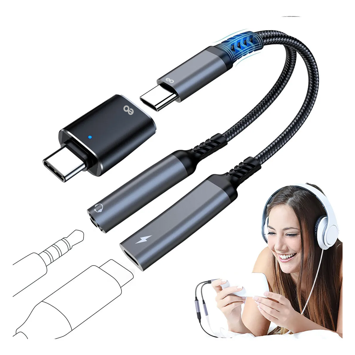 Foto 5 pulgar | Adaptador Usb C A Jack 3.5 Mm Con Adaptador De Carga Pd De 25 W Eo Safe Imports Esi-20093 Negro