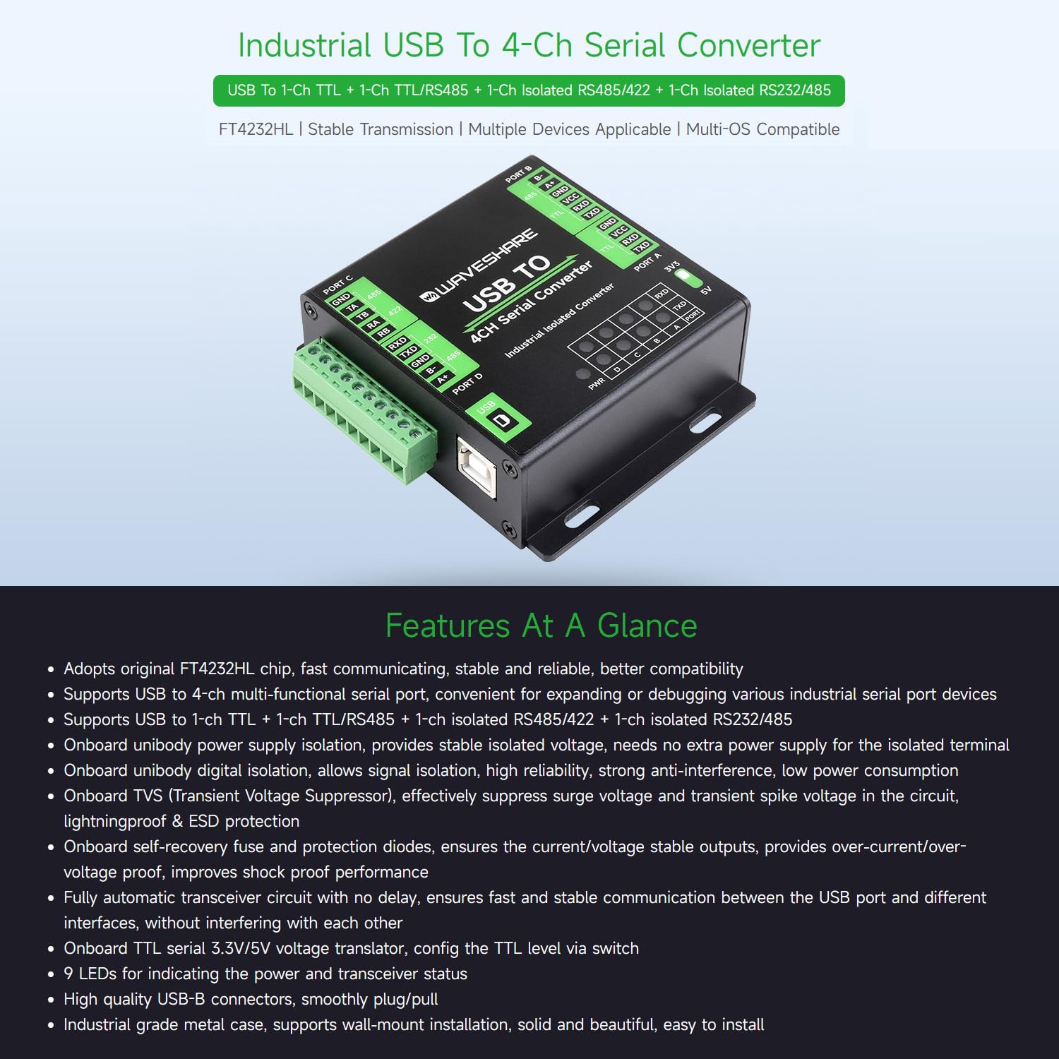 Foto 4 pulgar | Convertidor Usb Industrial A Serie De 4 Canales Waveshare Ft4232hl - Venta Internacional.