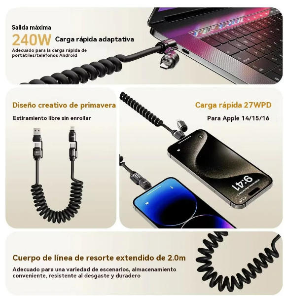 Foto 4 pulgar | Xtellar Cargador 4 En 1 Ultra-rápido 240w Usb Retráctil 2m Para Dispositivos Móviles Y Laptop