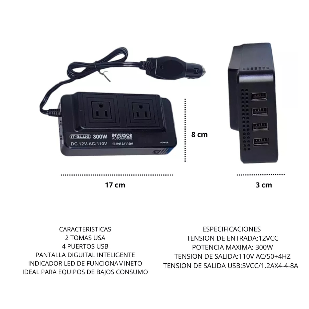 Foto 5 pulgar | Inversor Para Auto 300w Con 4 Puertos Usb 2 Toma De Carga