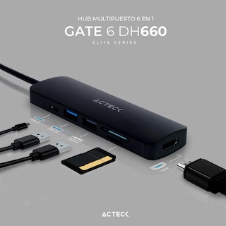 Foto 2 | Hub Gate 6 Dh660 Acteck Multipuerto 6 en 1 USB-c HDMI 4K SD 2.0 Ac-934619 color Negro